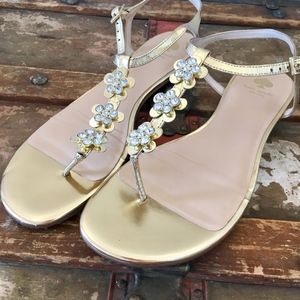 Kate Spade T-Strap Gold Sandals Jeweled Flowers